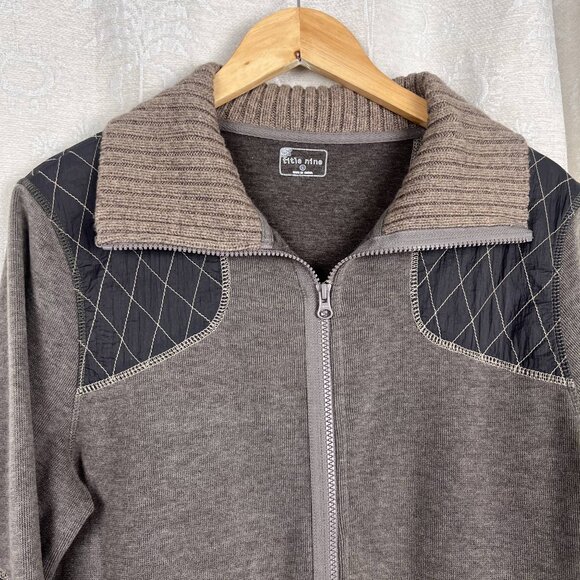 Title Nine quilted patches turtleneck sweater jacket 2-way zip cardigan brown L - Picture 2 of 10